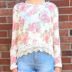 Pink and White Floral Cropped Long Sleeve